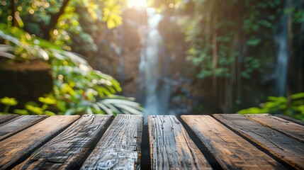 blind podium made of wood; blurred tropical nature with a waterfall in the background; light natural warm colors, 2:1, banner landing page