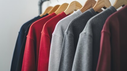 Close-up collection of t-shirts hanging on a hanger or clothes rack on a white background.