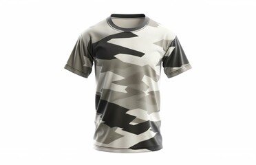 Wall Mural - a 3D render of a mock-up t-shirt with a geometric pattern and an oversized fit. The t-shirt is black, grey, and white, displayed against a minimalistic background with soft shadows.