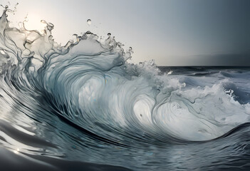 Wall Mural - A dramatic, artistic depiction of a large ocean wave crashing under a bright sun. The wave is captured in mid-motion, with splashes and foam visible, creating a dynamic and powerful scene.