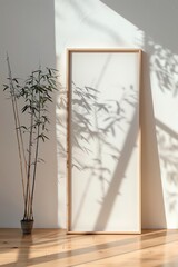 Wall Mural - A vertical frame in a yoga studio, soft natural lighting, serene and minimalist decor. Background of bamboo plants, light wooden floors, soft earthy tones. 2:3
