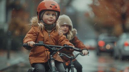 Wall Mural - Girls playing in the street on scooters and a bike,generative ai