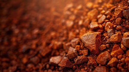 Bauxite ore close-up, mining industry, raw texture, natural light,