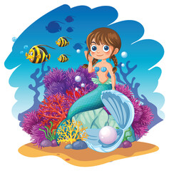 Canvas Print - Mermaid sitting among vibrant corals and fish