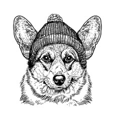 corgi, wears beanie hat engraving black and white outline