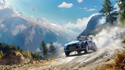 Wall Mural - Rally racing car on dirt track, in the mountains, extreme sport activities theme, created with generative ai