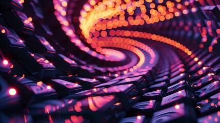 hexagon spiral banner illustration background, glowing, modern, blur, cyberpunk, neon color, red, purple, black, orange, HD, 2:1