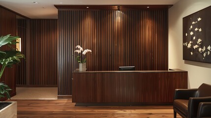 Sticker - 
A mahogany dark wood vertical slat wall covering provides a rich and elegant backdrop. The individual slats, arranged vertically, exhibit a deep, warm tone with subtle variations in color and grain, 