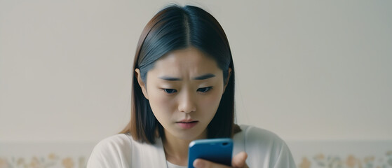 Close-up portrait of a young Japanese Asian woman immersed in the use of a smartphone, focusing on her expression and the interaction with the phone