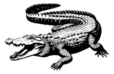 Wall Mural - crocodile engraving black and white outline