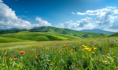 Sticker - A picturesque landscape of rolling hills covered in lush green grass, dotted with vibrant wildflowers, under a bright blue sky