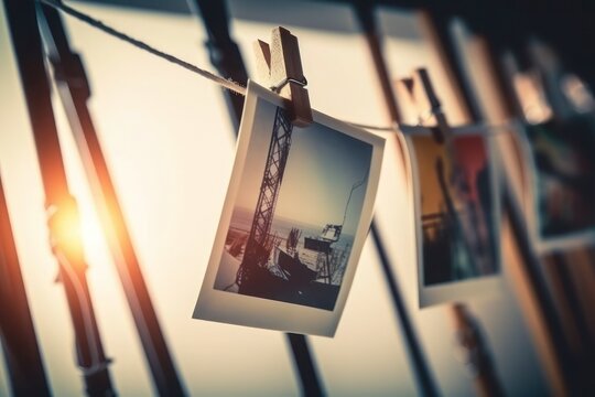 polaroid 90s vintage Photos hanging on a string with wooden clips. Close-up shot of photographs in warm sunlight. Memories and photography concept for design and print.