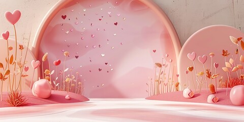 3d vector illustration of red, pink Valentine Scene with copy space , Chinese New Year atmosphere, softly organic, on pink paper, whimsical minimalism, whimsical weavings, pastel colors, 2:1 banner