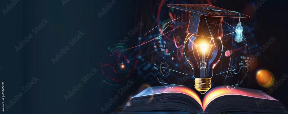 Innovative education concept with light bulb, book, and graduation cap ...