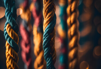 Close-up of colorful twisted ropes with a bokeh background.