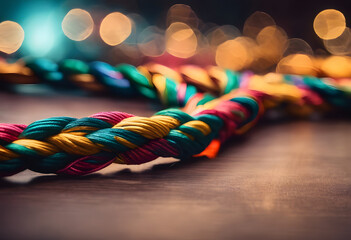Close-up of colorful braided ropes on a wooden surface with blurred lights in the background.