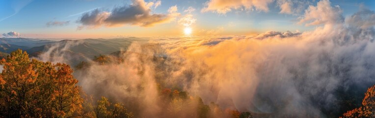 Wall Mural - Mountaintop Sunrise Over Misty Forest in Autumn