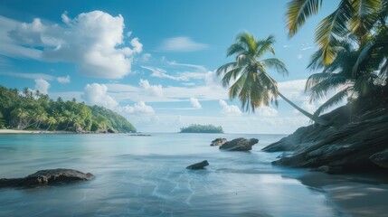 Calm beach with clear water and coconut trees