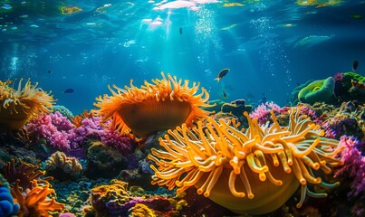 Sticker - An enchanting underwater landscape with colorful anemones and coral formations, with sunlight streaming through the water, creating a magical underwater paradise