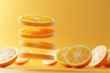 Several pieces of oranges are cut into various shapes and levitate against a bright orange background, creating an eye-catching and lively visual with free space around the floating fruit pieces.