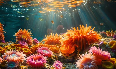 Sticker - An enchanting underwater landscape with colorful anemones and coral formations, with sunlight streaming through the water, creating a magical underwater paradise