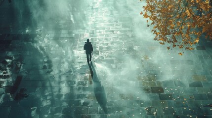 Wall Mural - Solitary Figure Walking Through Misty City Street