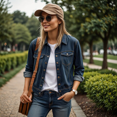 This image showcases a woman wearing a trendy fashion outfit perfect for spring and summer.   Woman dressed stylish outfit