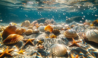 Wall Mural - An ethereal underwater scene with a sandy seabed scattered with vibrant shells and sea stars, illuminated by shimmering light patterns from the surface