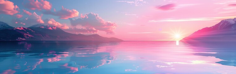 Wall Mural - Serene Pink Sunset Over Mountainous Lake