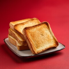 Freshly toasted bread slices on red background