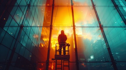 Wall Mural - Silhouetted Worker on a Lift in Front of a Cityscape at Sunset