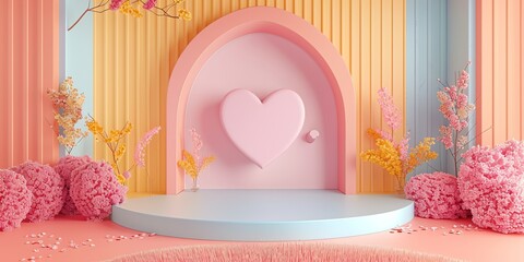 3d vector illustration of red, blue Valentine Scene with copy space , Chinese New Year atmosphere, softly organic, on pink paper, whimsical minimalism, whimsical weavings, pastel colors, 2:1 banner