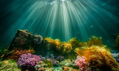 An underwater scene showcasing a shipwreck covered in colorful coral and seaweed, with beams of light piercing through the water above