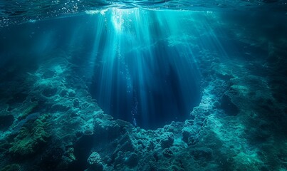 Sticker - A captivating underwater shot of a blue hole, with its distinct, deep blue color surrounded by lighter turquoise waters, and sunrays penetrating the depths