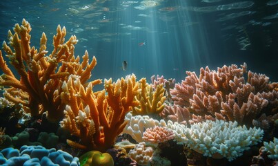 Wall Mural - A mesmerizing underwater scene featuring vibrant coral formations in a variety of colors and shapes, illuminated by sunlight filtering through the water