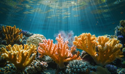 Wall Mural - A mesmerizing underwater scene featuring vibrant coral formations in a variety of colors and shapes, illuminated by sunlight filtering through the water