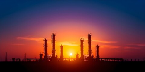 Wall Mural - Sunrise illuminating industrial gas pipelines in a modern refinery energy infrastructure. Concept Industrial Photography, Energy Infrastructure, Sunrise Lighting, Gas Pipelines, Modern Refinery