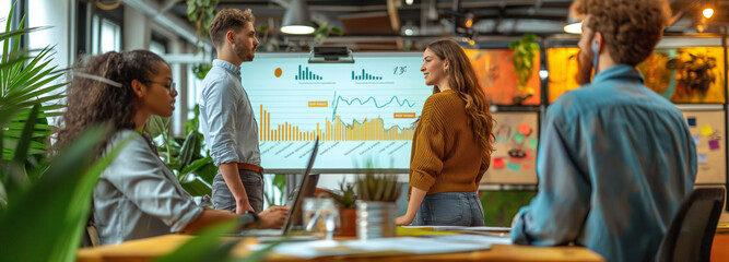 Wall Mural - A group of young people working next to whiteboard. Charts in background