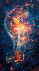 Wall Mural - A glowing light bulb with colorful lights and an abstract background illustration