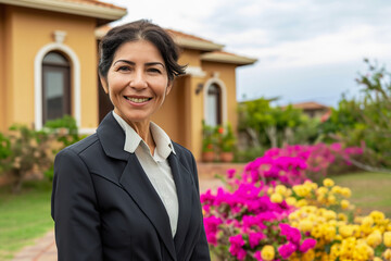 Professional Hispanic Woman Smiling in Garden with Blooming Flowers