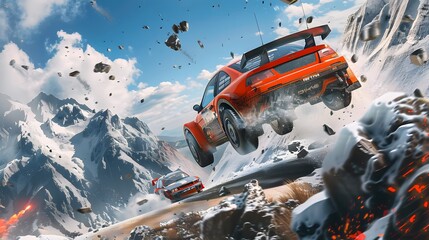 Wall Mural - Rally racing car on dirt track, in the mountains, extreme sport activities theme, created with generative ai