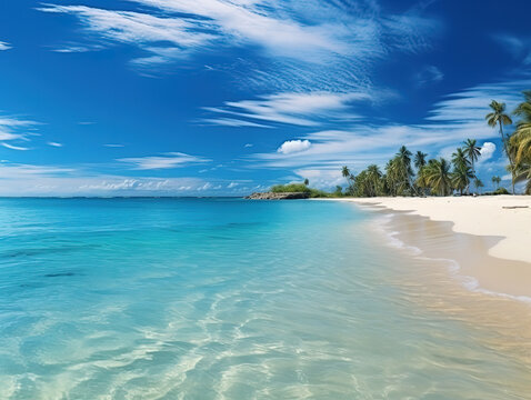 Banner of idyllic tropical beach with white sand palm tree and turquoise blue ocean