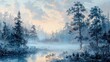 © Faisal Ai - A serene wall decor showcasing a large-scale, realistic landscape painting of a misty forest at dawn, using cool tones.