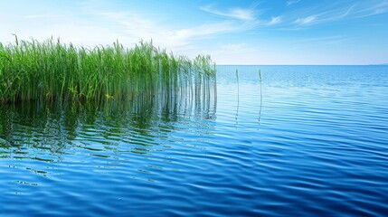 A solid blue background, large areas of reeds and blue water