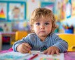 © sergio - Adorable toddler boy drawing with colorful crayons at a table in a preschool classroom. AI.