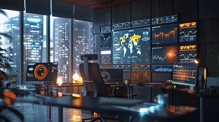 Leinwandbilder - A modern marketers office with multiple screens displaying data visualizations and AI algorithms analyzing user behavior and optimizing ad campaigns. Generative AI