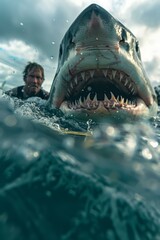 Great white shark about to attack a surfer. AI.