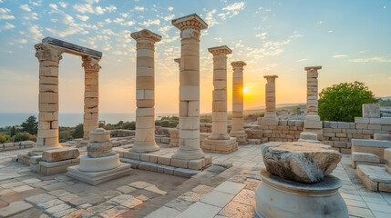 Wall Mural - Paphos, Cyprus: Sunset Over Ancient Ruins with Golden Hour Light Reflecting on Mediterranean Sea