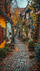 Wall Mural - A narrow cobblestone street in a European village. AI.