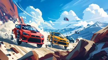 Wall Mural - Rally racing car on dirt track, in the mountains, extreme sport activities theme, created with generative ai